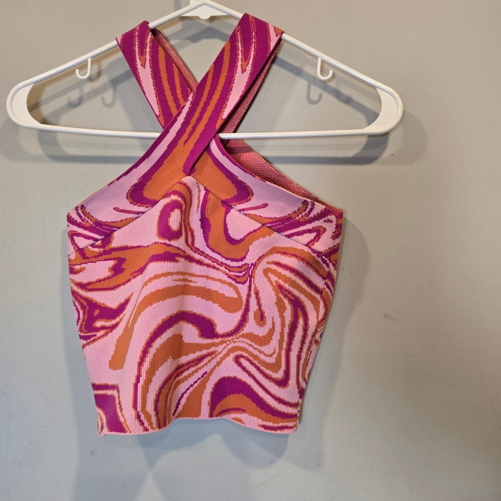 Glassons Crop Top Halter Retro Swirl Pink Womens Extra Small XS - Picture 6 of 6